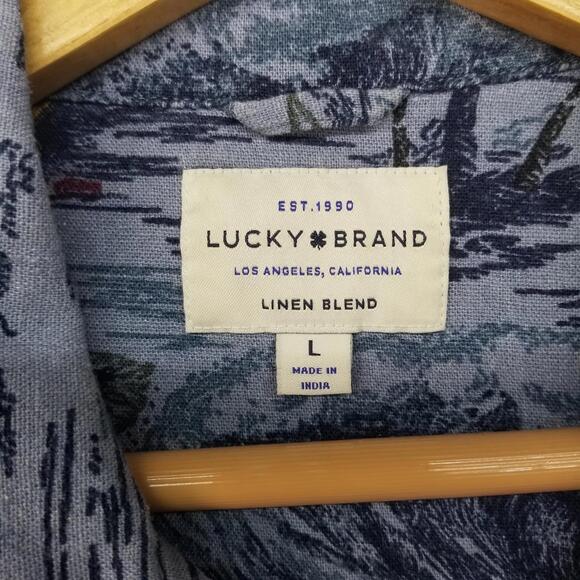 Lucky Brand Linen Blend Hawaiian Shirt Mens Large Blue Tropical Vacation - Picture 8 of 11
